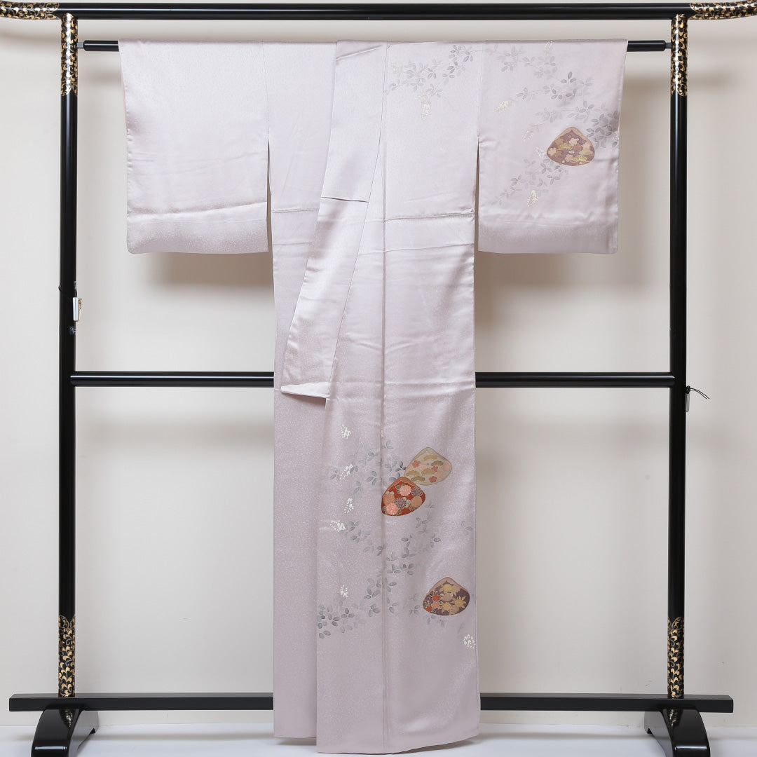訪問着 袷 身丈161cm 裄丈63cm 正絹 Aランク 一つ紋 (丸に井桁) セミフォーマル 広衿 Lサイズ 金彩 貝合わせ ピンク系 RP 1217-04329