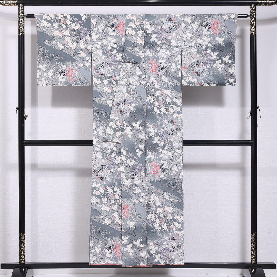 小紋 身丈152cm 裄丈65.5cm S 正絹 Aランク 袷 広衿 ちりめん 桜 梅 桔梗 椿 1215-11682