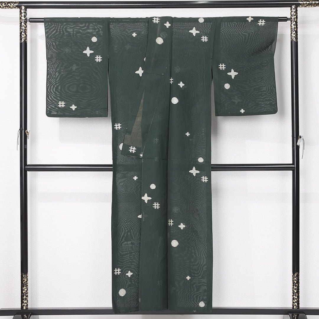 夏物 紬 紗 身丈153cm 裄丈64cm 正絹 Cランク カジュアル 広衿 Sサイズ 創作柄 緑系 RP 1223-12464