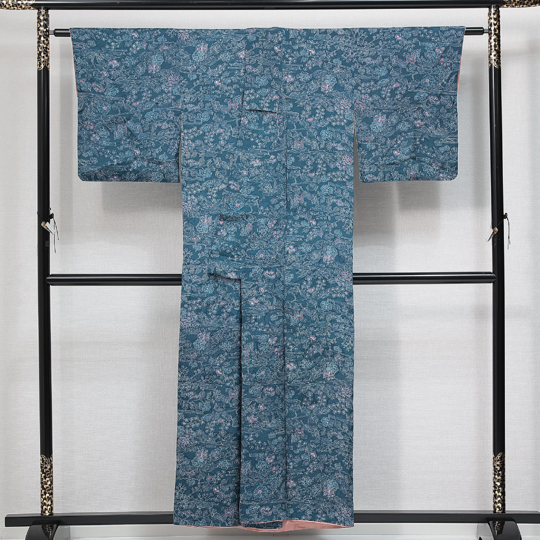 アンティーク 小紋 袷 身丈149cm 裄丈64cm 正絹 Aランク 広衿 XSサイズ 植物柄 青系 RP 1221-14794
