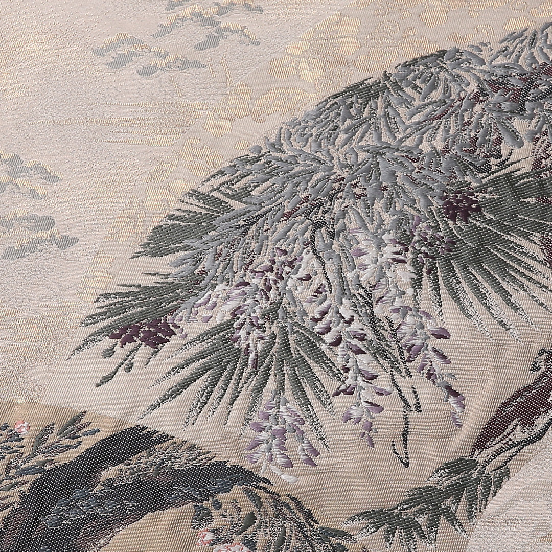 袋帯 帯丈420cm 正絹 全通 フォーマル 扇面文 流水 松 クリーム系 1243-01574
