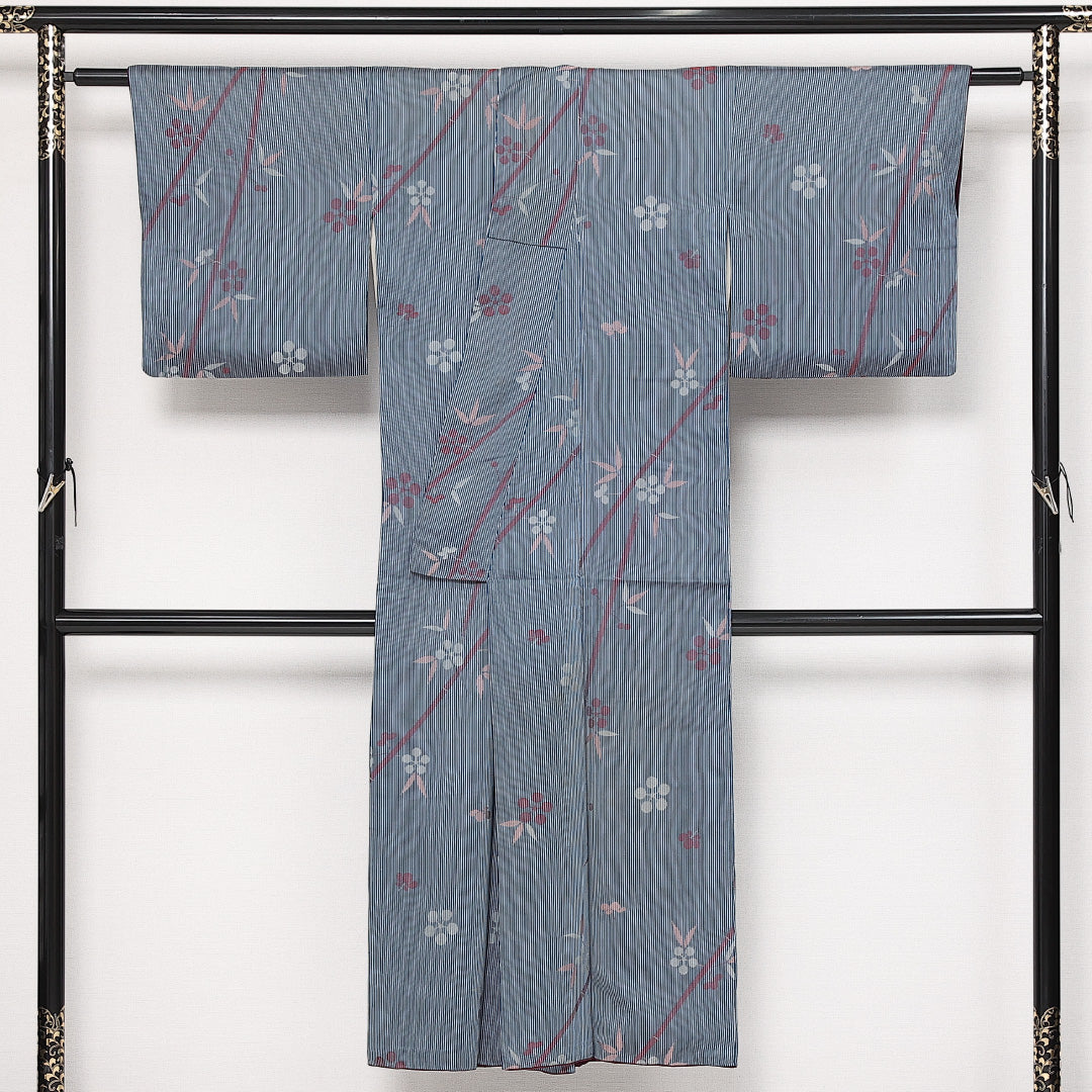 小紋 袷 身丈141cm 裄丈63cm 正絹 Cランク インフォーマル 広衿 XSサイズ 梅 笹 青系 HP 1221-13651