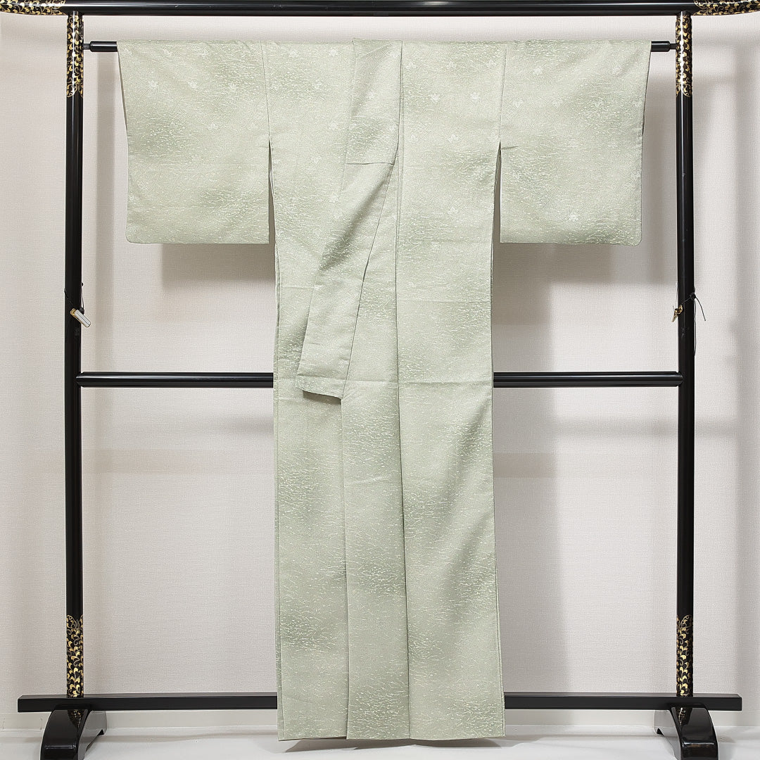 洗える着物 小紋 袷 身丈159cm 裄丈63cm ポリエステル Sランク インフォーマル 広衿 Mサイズ 芝草 桐 緑系 RP 1221-14930