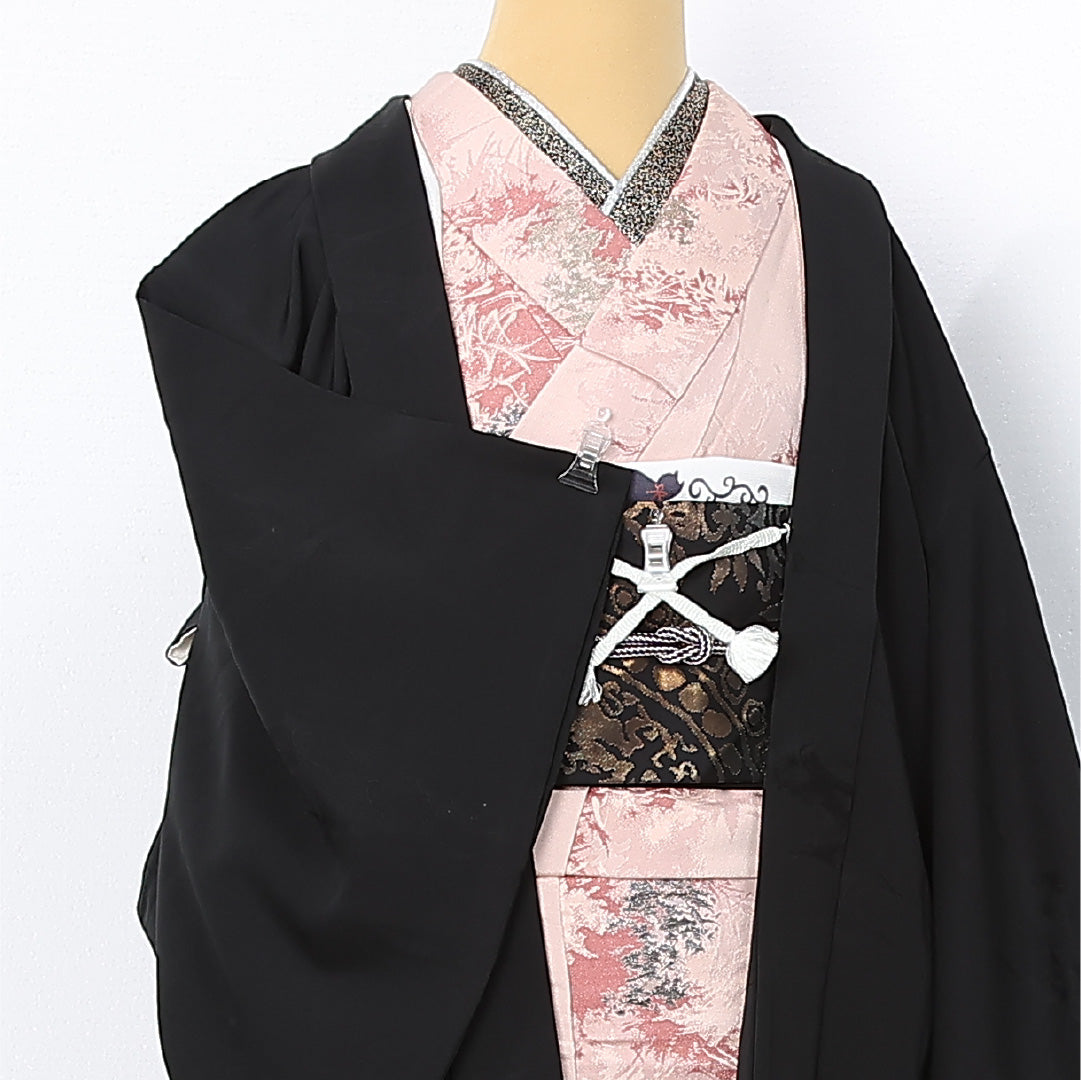 黒羽織 袷 身丈75cm 裄丈63cm 正絹 Bランク 一つ紋 (丸に下り藤) セミフォーマル Sサイズ 紐あり 流水 黒系 RP 1233-12571