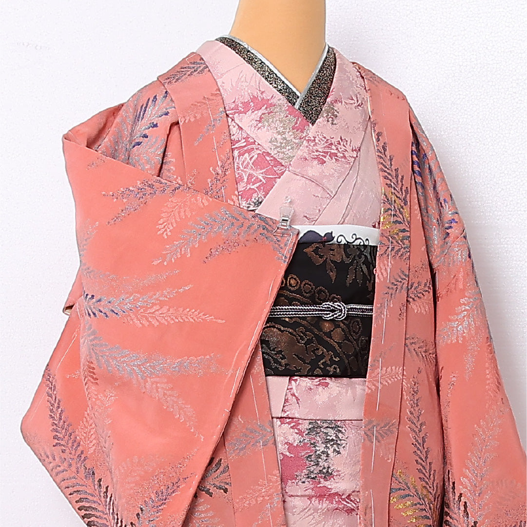 羽織 袷 身丈79cm 裄丈64cm 正絹 Bランク カジュアル Mサイズ 漆糸 植物柄 ピンク系 HP 1232-12763