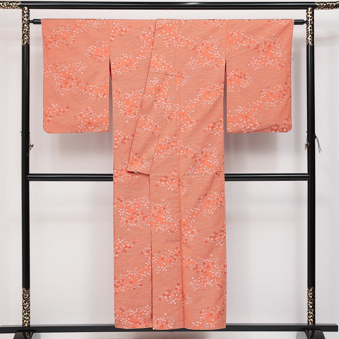 アンティーク お召 袷 身丈153cm 裄丈63cm 正絹 Aランク 広衿 Sサイズ 光琳波 桜 朱系 RP 1222-14614