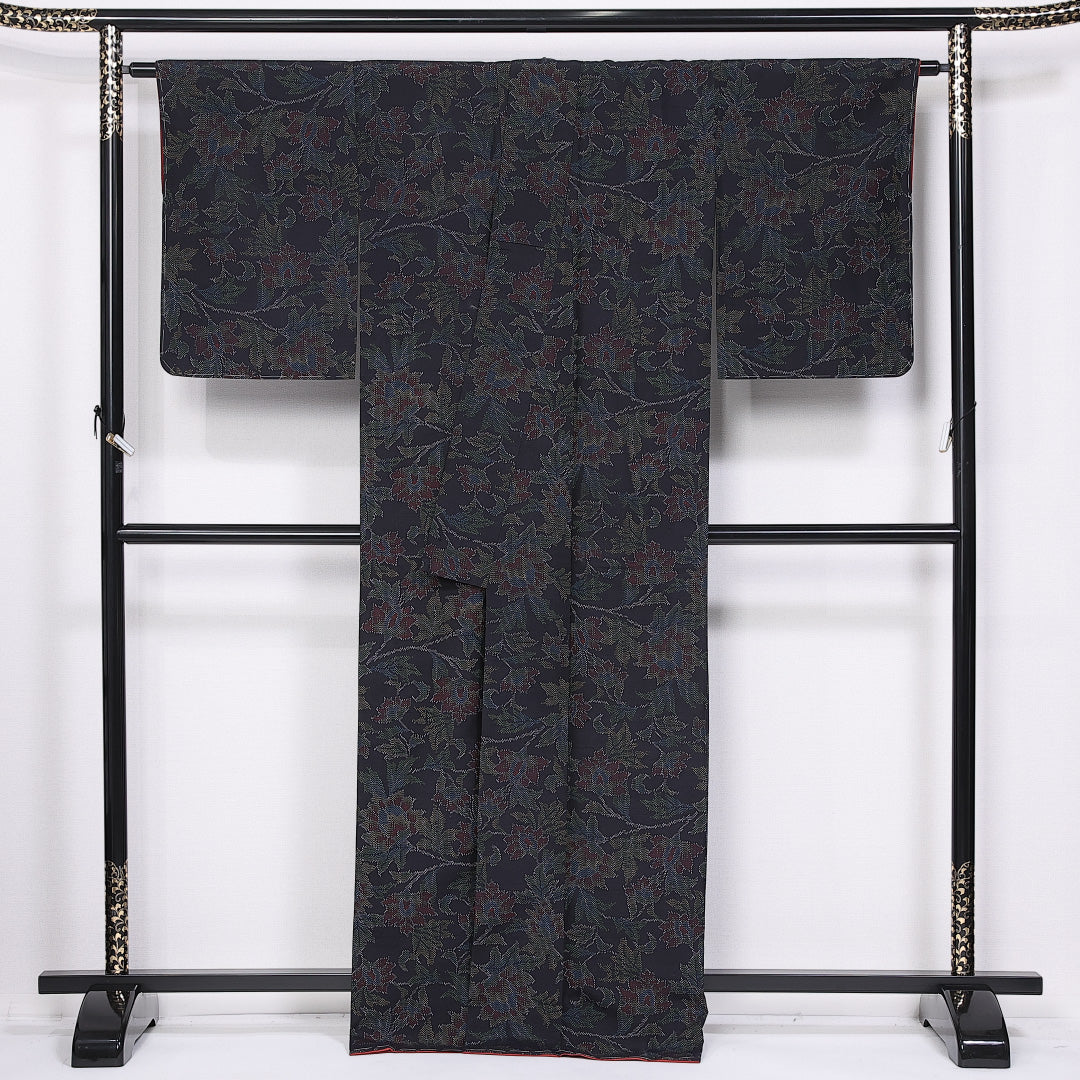 大島紬 袷 身丈167cm 裄丈64cm 正絹 Aランク インフォーマル 広衿 XLサイズ 黒系 RP 1223-11377