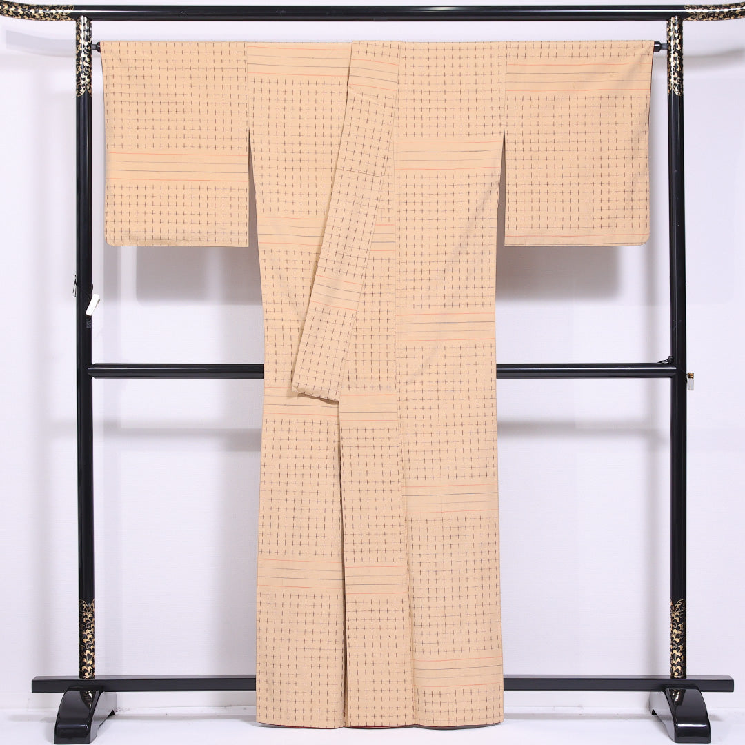 紬 袷 身丈162cm 裄丈67cm 正絹 Bランク カジュアル 広衿 Lサイズ 十字絣 ベージュ系 HP 1223-11555