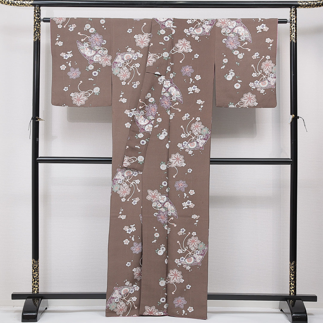 小紋 袷 身丈161cm 裄丈65cm 正絹 Cランク インフォーマル 広衿 Lサイズ 梅 紅葉 茶系 LP 1221-15602