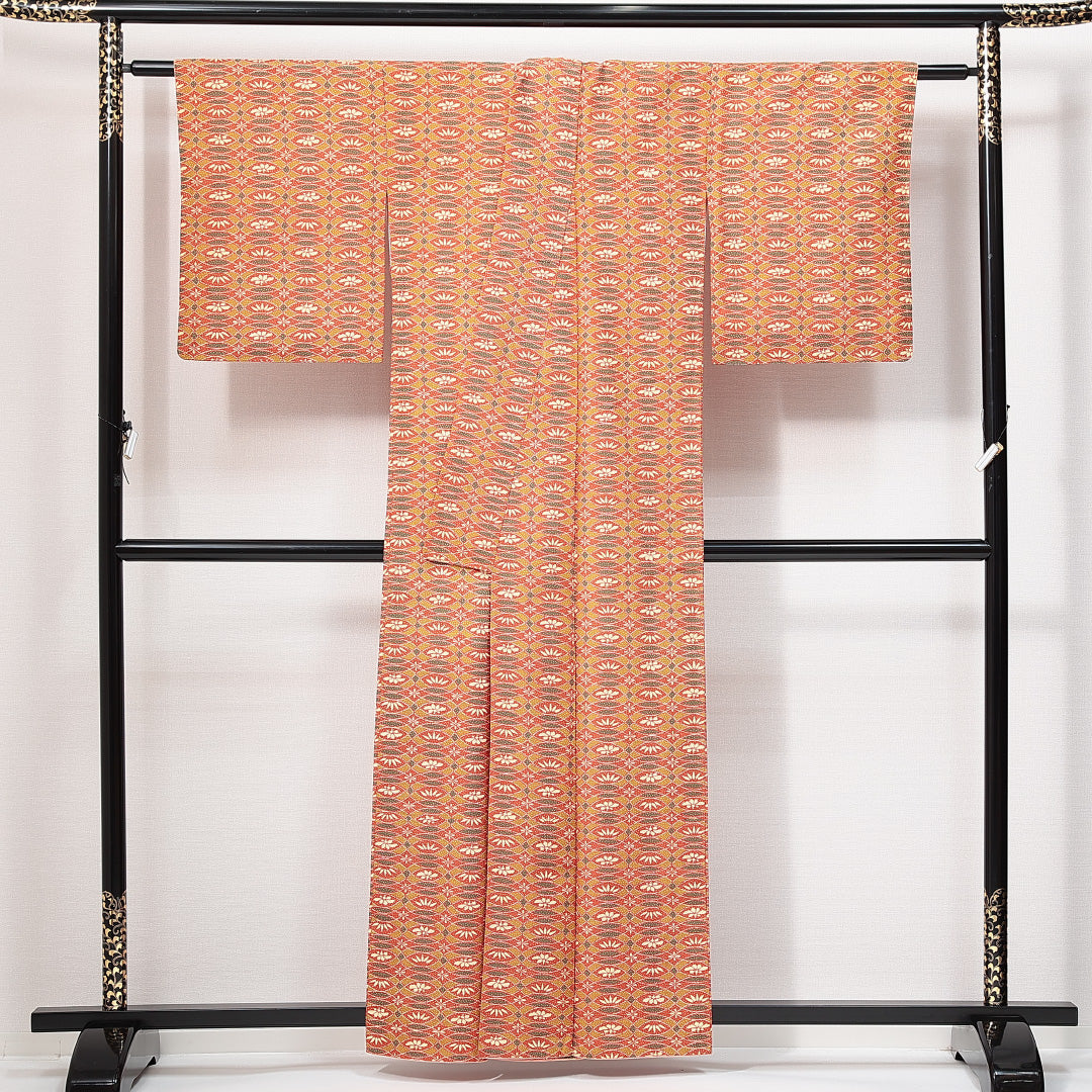 小紋 袷 身丈157cm 裄丈61cm 正絹 Sランク インフォーマル バチ衿 Mサイズ 笹 朱系 RP 1221-14891