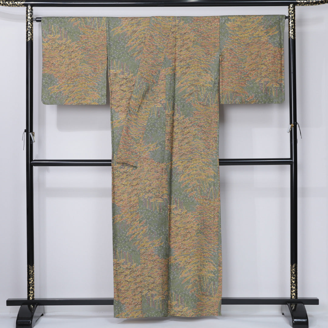 小紋 身丈158cm 裄丈68cm Sランク M ポリエステル 洗える着物 単衣 広衿 クラシカル 居敷当て 風景柄 カジュアル 緑系 1215-12340