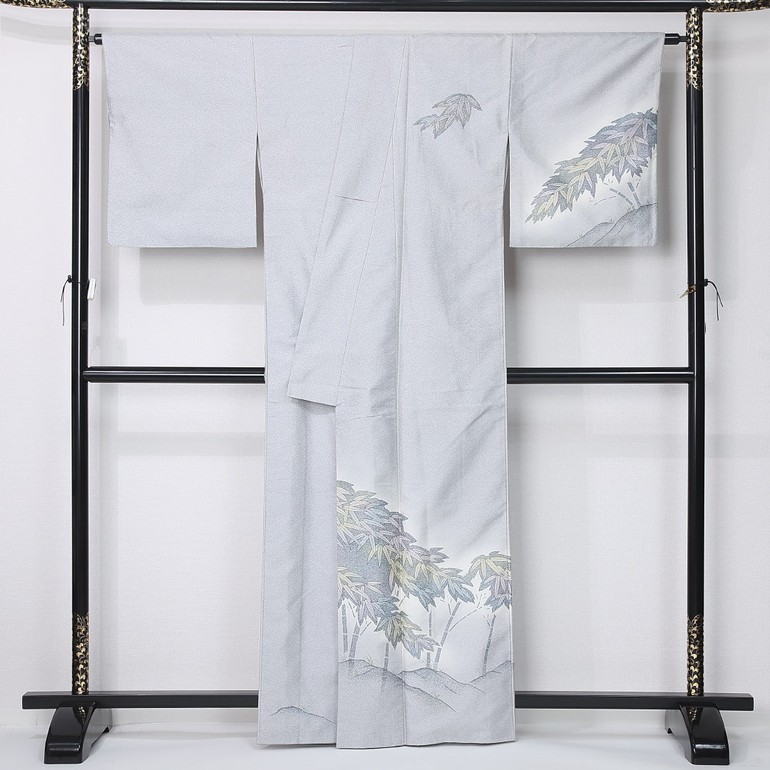 訪問着 袷 身丈161cm 裄丈67cm 正絹 Sランク セミフォーマル 広衿 Lサイズ 濱屋修一郎 作家物 落款 笹 グレー系 RP 1217-12391