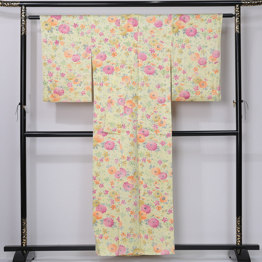 小紋 単衣 身丈156cm 裄丈63cm 正絹 Bランク インフォーマル 広衿 Mサイズ 花柄 黄系 HP 1221-12333
