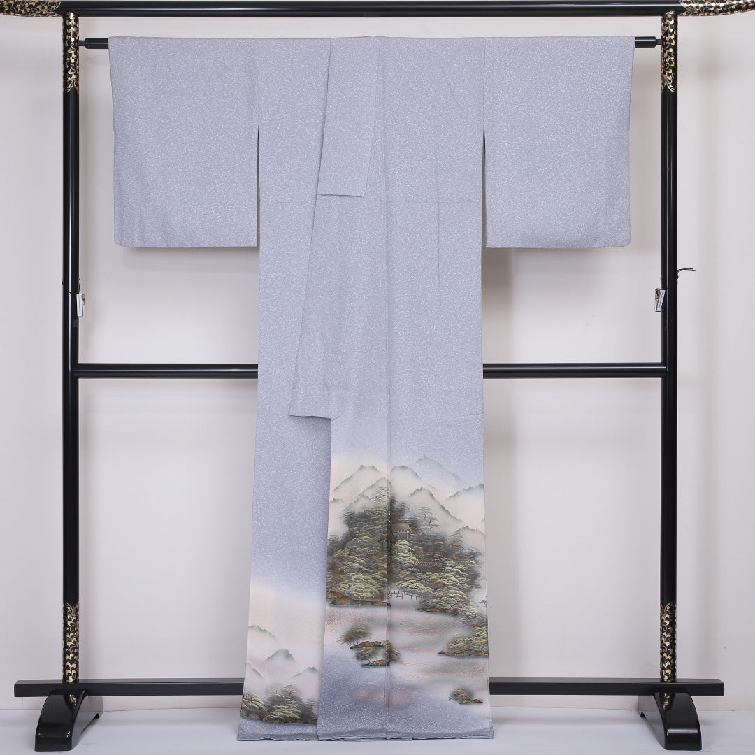 色留袖 袷 身丈169cm 裄丈67cm 正絹 Sランク セミフォーマル 広衿 XLサイズ 加賀友禅 ぼかし染 風景柄 グレー系 RP 1214-04514
