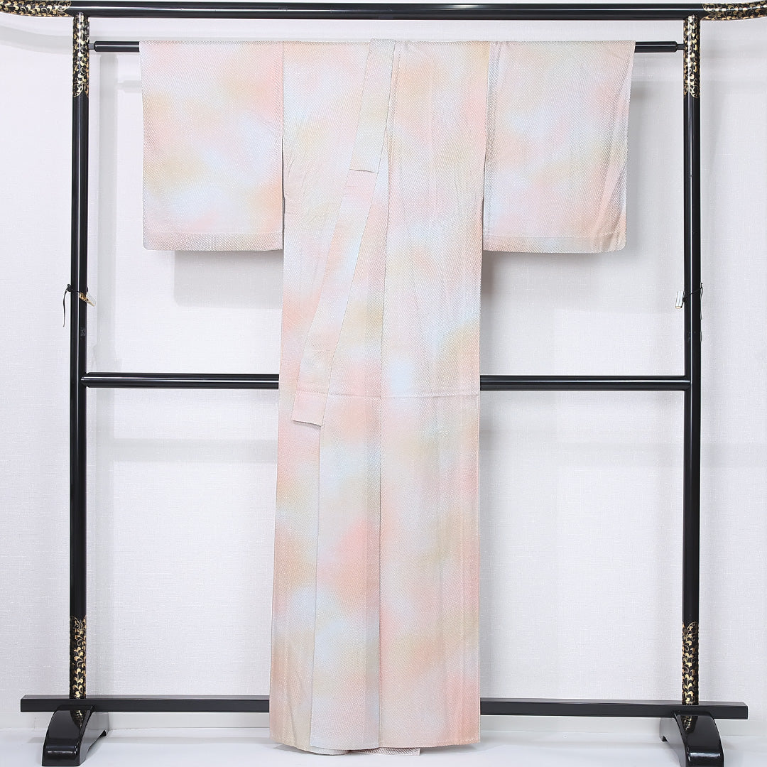 小紋 単衣 身丈161cm 裄丈62cm 正絹 Sランク 一つ紋 (雪輪に蔦) セミフォーマル バチ衿 Lサイズ ぼかし染 肩当て 抽象柄 グレー系 RP 1221-12286