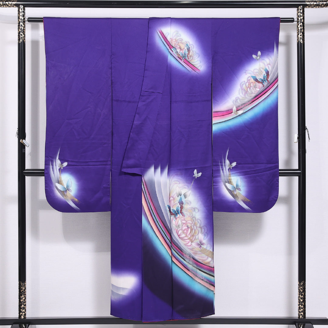 振袖 身丈150cm 裄丈64cm 袷 正絹 Aランク 広衿 蝶 ぼかし ラメ 虹 1213-F0419