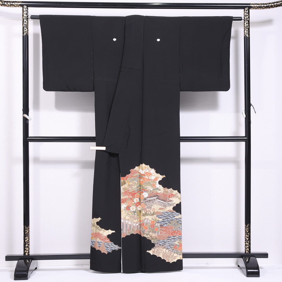 黒留袖 身丈161cm 裄丈65cm 袷 五つ紋 五三桐 正絹 Aランク 広衿 御所解 松竹梅 青海波 比翼仕立て 1211-F0426