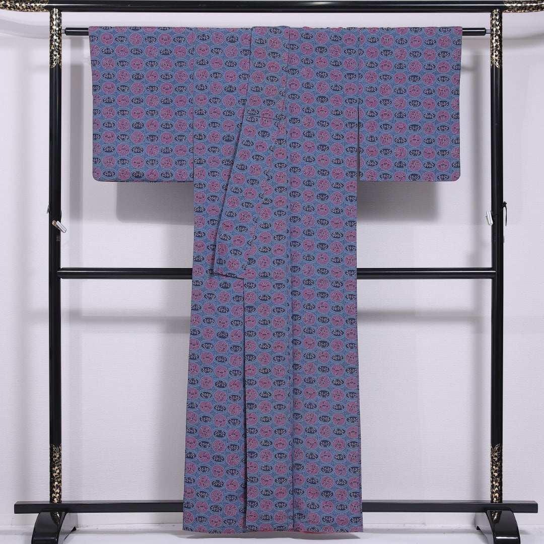 小紋 袷 身丈160cm 裄丈63cm 正絹 Aランク インフォーマル 広衿 Lサイズ 花柄 紫系 HP 1221-11562