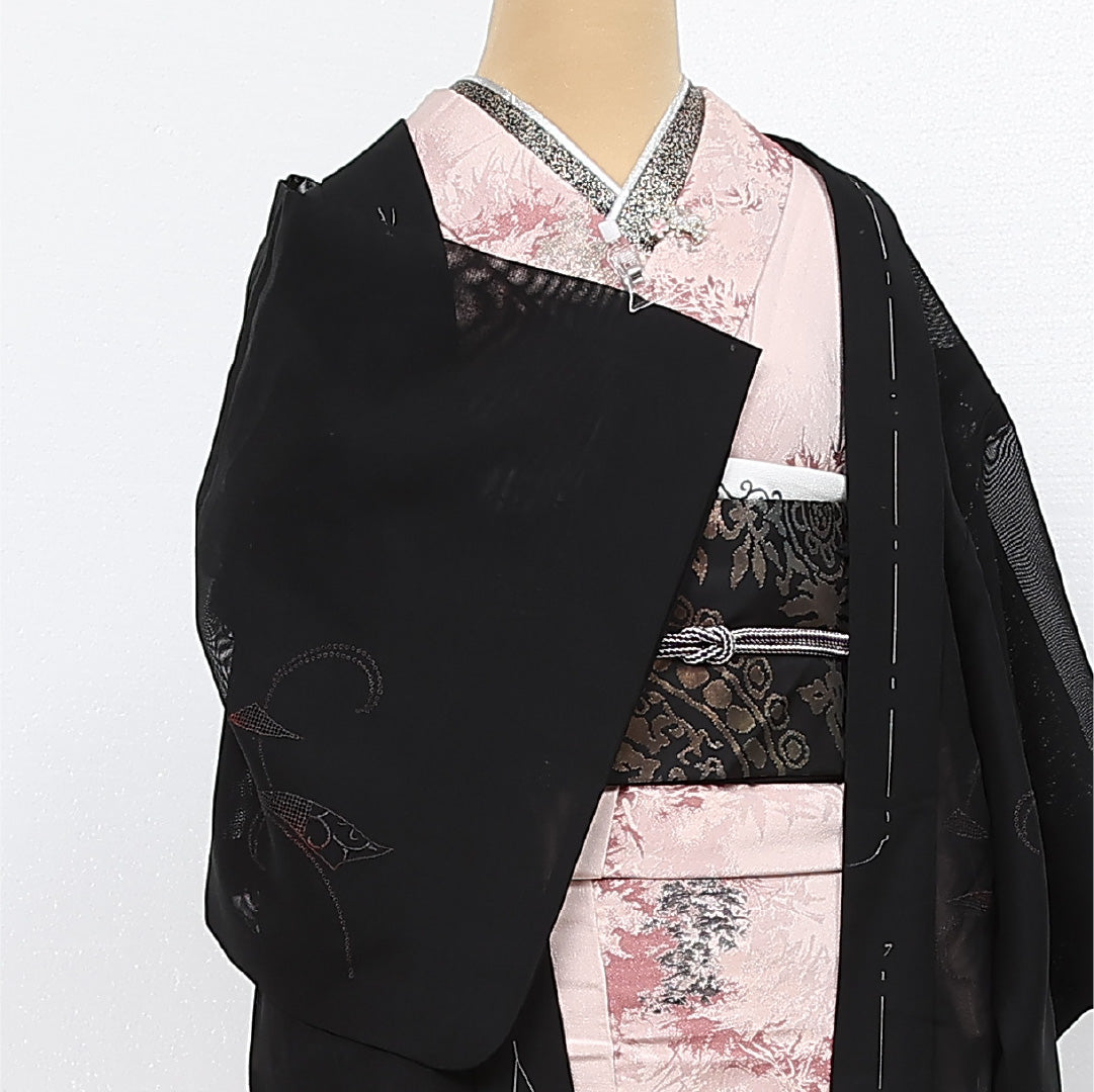 未使用品 夏物 黒羽織 紗 身丈70cm 裄丈62cm 正絹 Nランク インフォーマル Sサイズ もじり織 しつけ糸 創作柄 黒系 RP 1233-13424