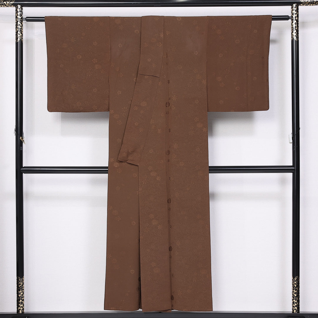 色無地 袷 身丈150cm 裄丈63cm 正絹 Bランク 一つ紋 (片喰) セミフォーマル 広衿 Sサイズ 観世水 梅 楓 無地 茶系 RP 1219-11190