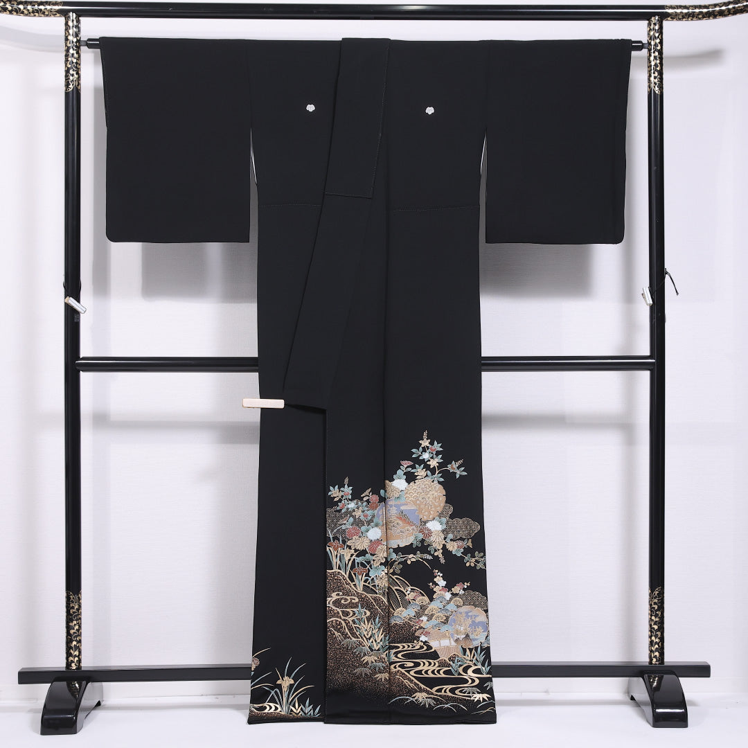 黒留袖 身丈168cm 裄丈66.5cm 袷 五つ紋 蔦 正絹 Bランク 広衿 雪輪 五重塔 吉祥文様 箔 比翼仕立て 1211-F0424