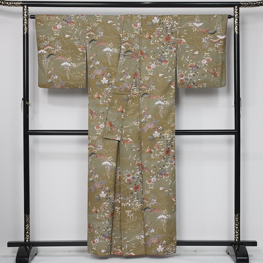 小紋 袷 身丈159cm 裄丈64cm 正絹 Sランク インフォーマル 広衿 Mサイズ 型染め ぼかし染 鼓 花柄 吉祥文様 緑系 RP 1221-11980
