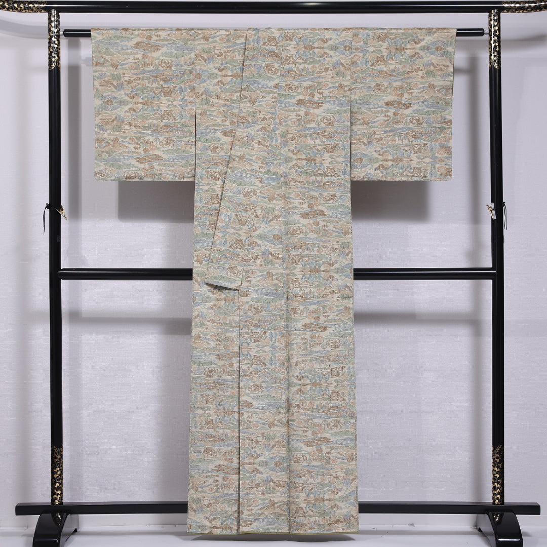 紬 袷 身丈158cm 裄丈63cm 正絹 Sランク カジュアル 広衿 Mサイズ 茶屋辻 ベージュ系 RP 1223-11825
