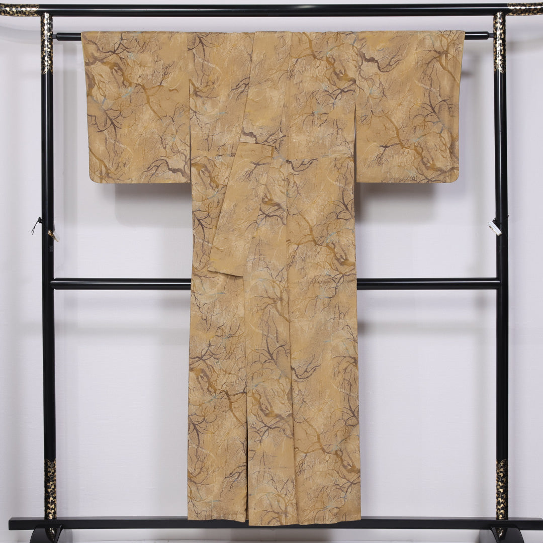 小紋 袷 身丈151cm 裄丈62cm 正絹 Aランク インフォーマル 広衿 Sサイズ 植物柄 茶系 M4 1221-11397