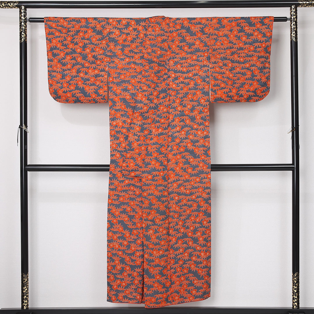 アンティーク 小紋 袷 身丈147cm 裄丈62cm 正絹 Cランク 広衿 XSサイズ 梅 笹 紺系 M4 1221-12477