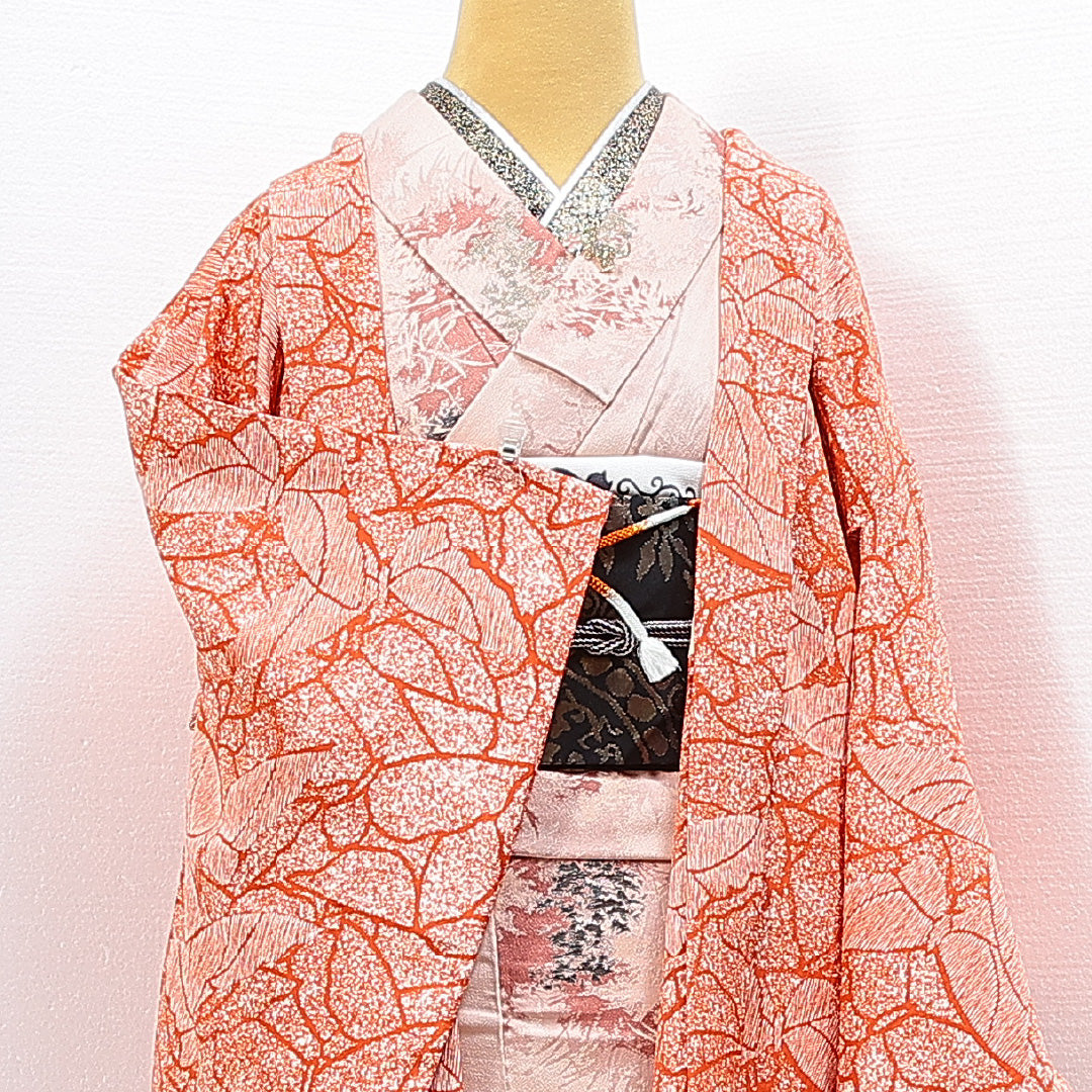 羽織 袷 身丈80cm 裄丈64cm 正絹 Sランク Mサイズ カジュアル 紐あり 蝶 赤系 朱系 1217-14842