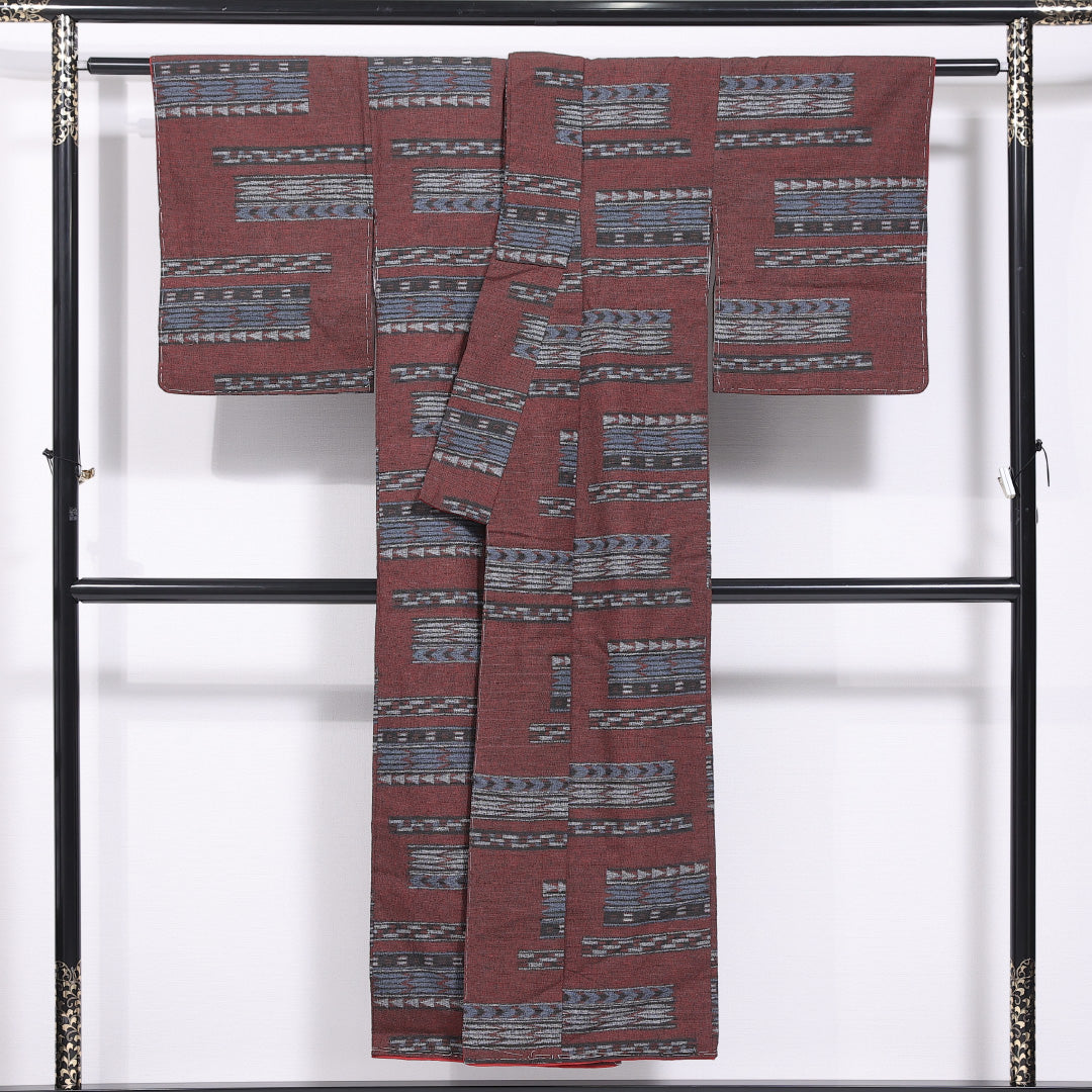 小紋 袷 身丈147cm 裄丈60cm 正絹 Sランク インフォーマル 広衿 XSサイズ 創作柄 茶系 RP 1221-11632