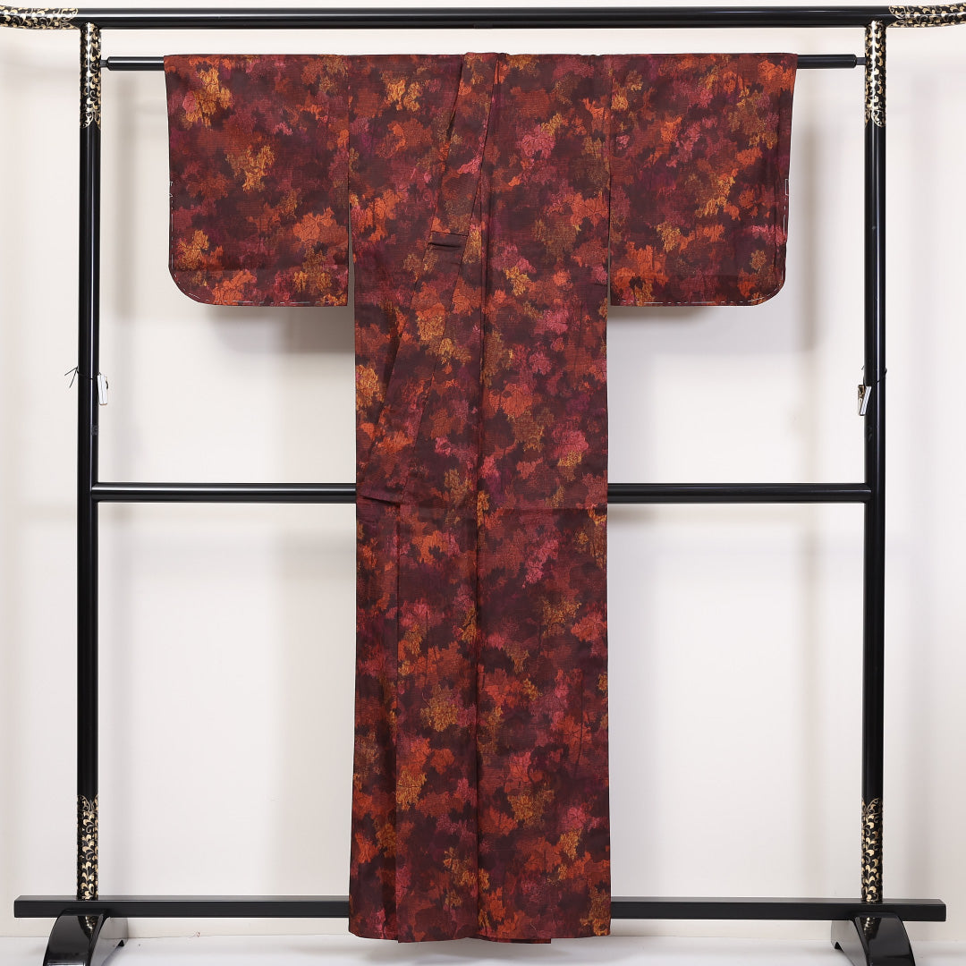 紬 単衣 身丈156cm 裄丈62cm 正絹 Sランク Mサイズ バチ衿 カジュアル 経絣 植物柄 赤系 1216-02292