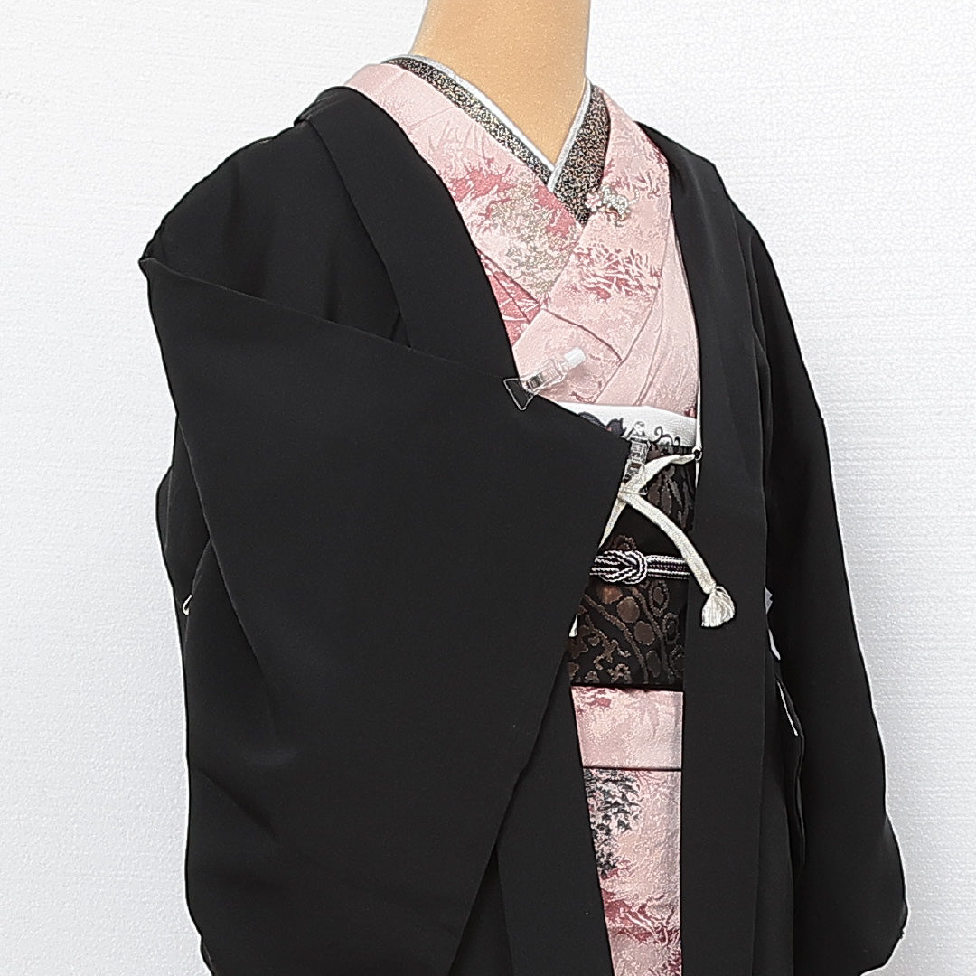 黒羽織 袷 身丈70cm 裄丈63cm 正絹 Aランク インフォーマル Sサイズ 紐あり 流水 松 黒系 RP 1233-13728