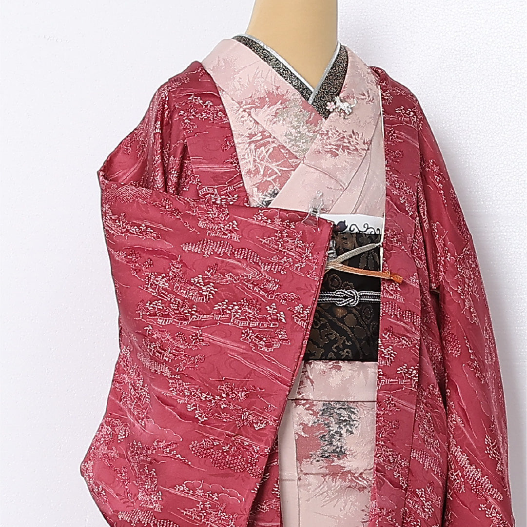 羽織 袷 身丈83cm 裄丈64cm 正絹 Cランク カジュアル Mサイズ 紐あり 茶屋辻 ピンク系 HP 1232-12804