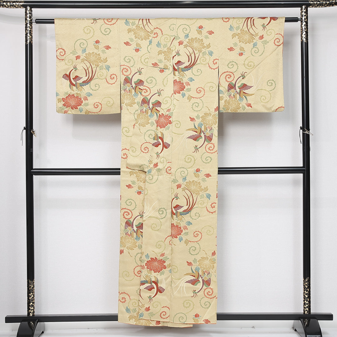 小紋 袷 身丈153cm 裄丈64cm 正絹 Sランク インフォーマル 広衿 Sサイズ 唐華 鳳凰 牡丹 金系 RP 1221-11917