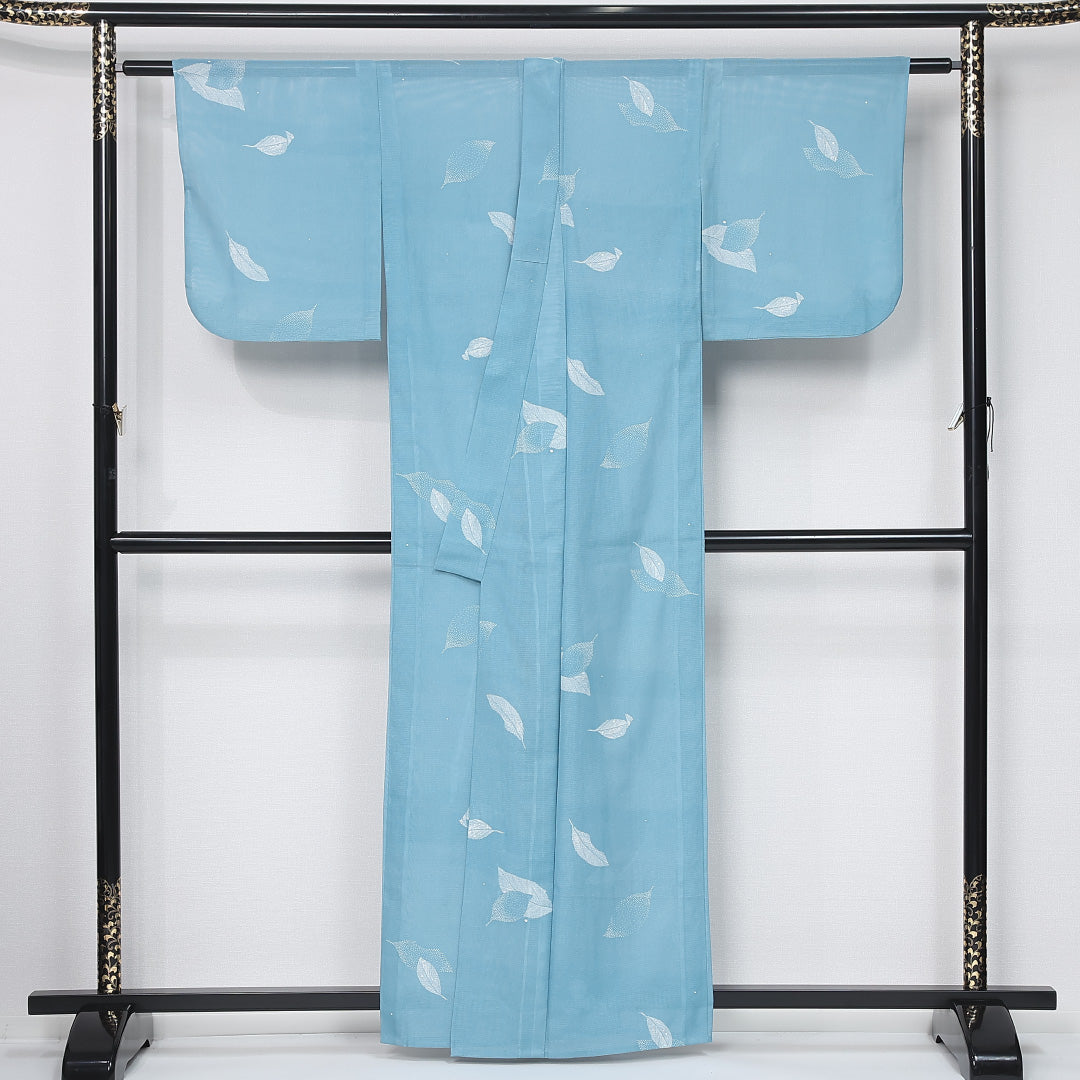 夏物 小紋 身丈159cm 裄丈65cm Sランク M 正絹 絽 バチ衿 植物柄 カジュアル 水色系 1215-12042