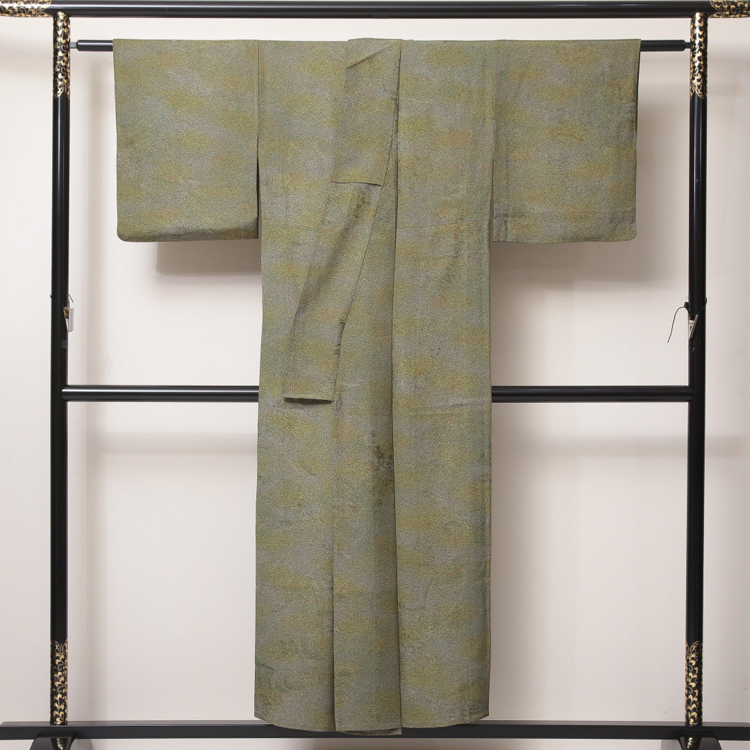 小紋 単衣 身丈149cm 裄丈62cm 正絹 Sランク インフォーマル 広衿 XSサイズ ぼかし染 金彩 抽象柄 緑系 RP 1221-02181