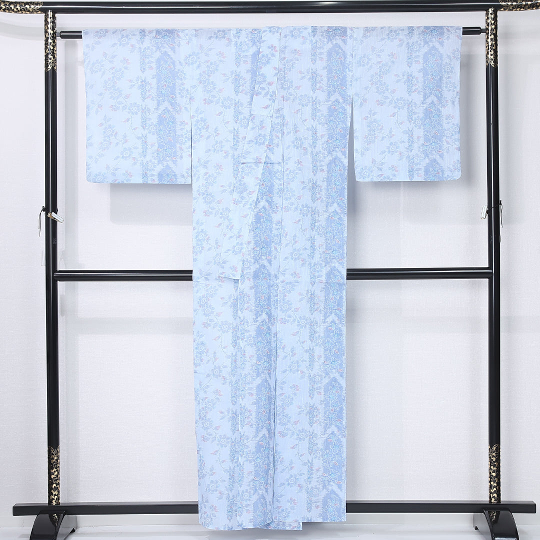 夏物 紬 身丈156cm 裄丈66cm Cランク M 麻 洗える着物 単衣 バチ衿 矢絣 椿 カジュアル 水色系 1216-12298