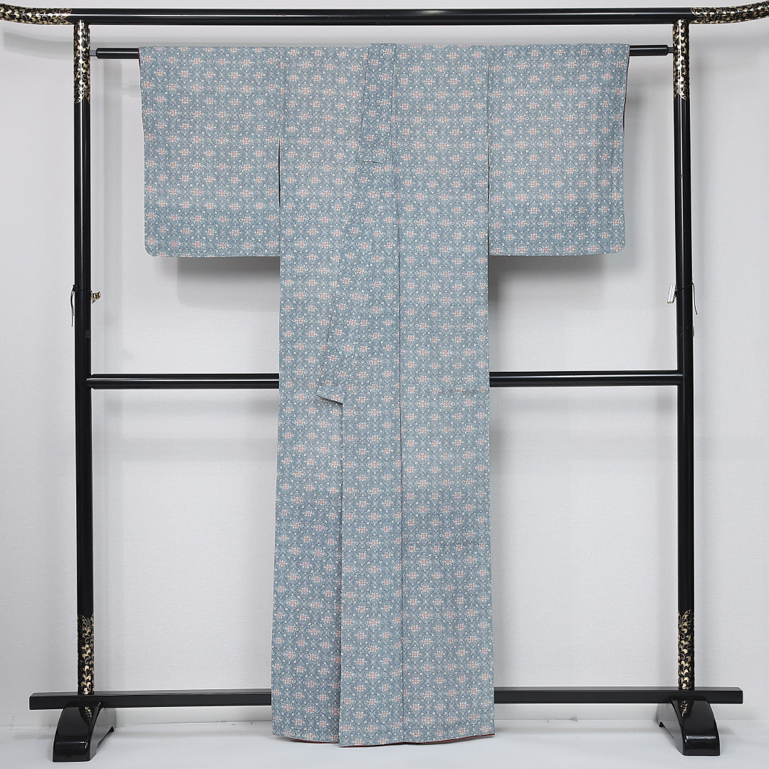 小紋 袷 身丈161cm 裄丈63cm 正絹 Aランク インフォーマル バチ衿 Lサイズ 花菱 水色系 RP 1221-12012