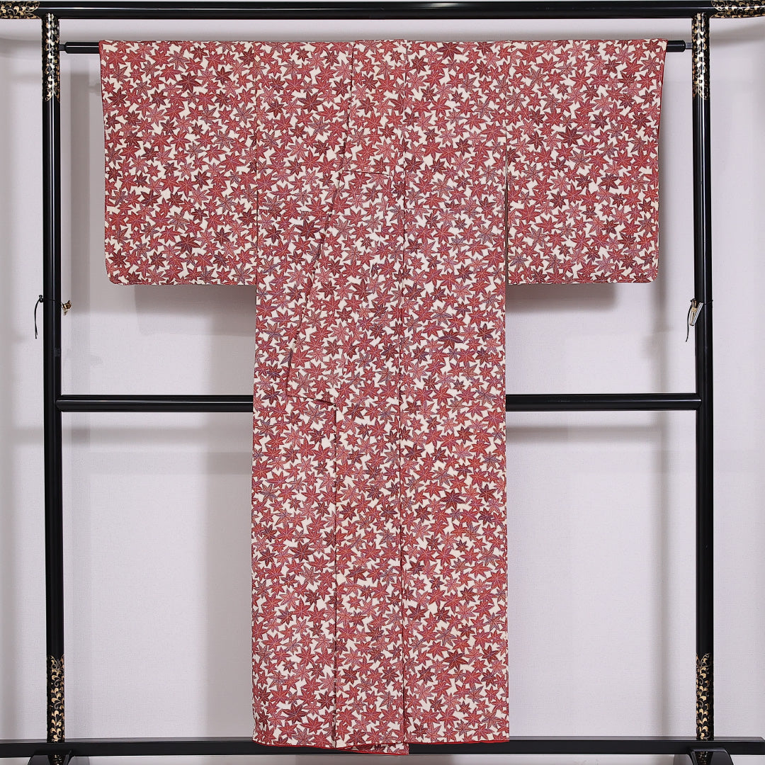 小紋 袷 身丈149.5cm 裄63.5cm 正絹 紅葉 赤系 Cランク 1215-02466