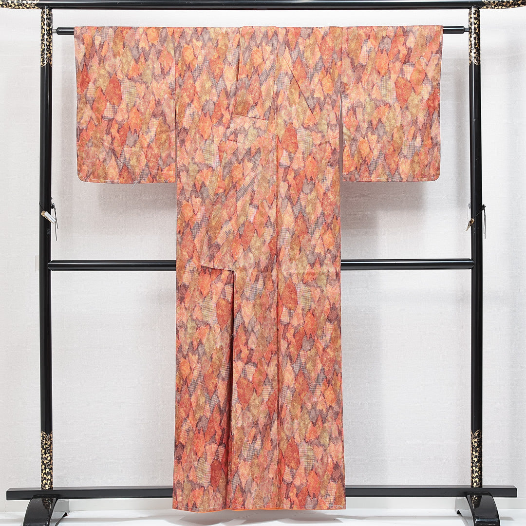 小紋 袷 身丈156cm 裄丈61cm 正絹 Aランク Mサイズ 広衿 インフォーマル 抽象柄 朱系 1215-14852