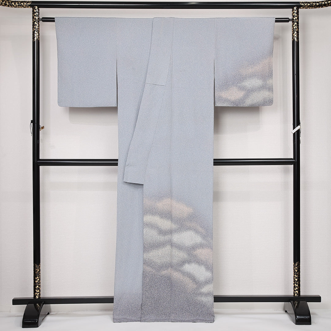訪問着 袷 身丈167cm 裄丈63.5cm Aランク 正絹 広衿 XLサイズ セミフォーマル たたき染め 創作柄 青系 グレー系 幻想的 落ち着き 1212-13144