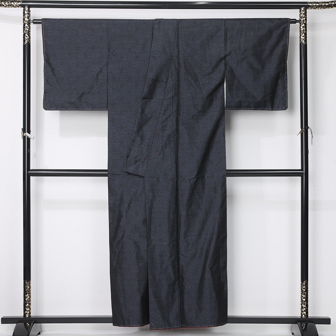 紬 身丈155cm 裄丈65cm Sランク M ポリエステル 洗える着物 袷 広衿 麻の葉 カジュアル 紺系 1216-12400