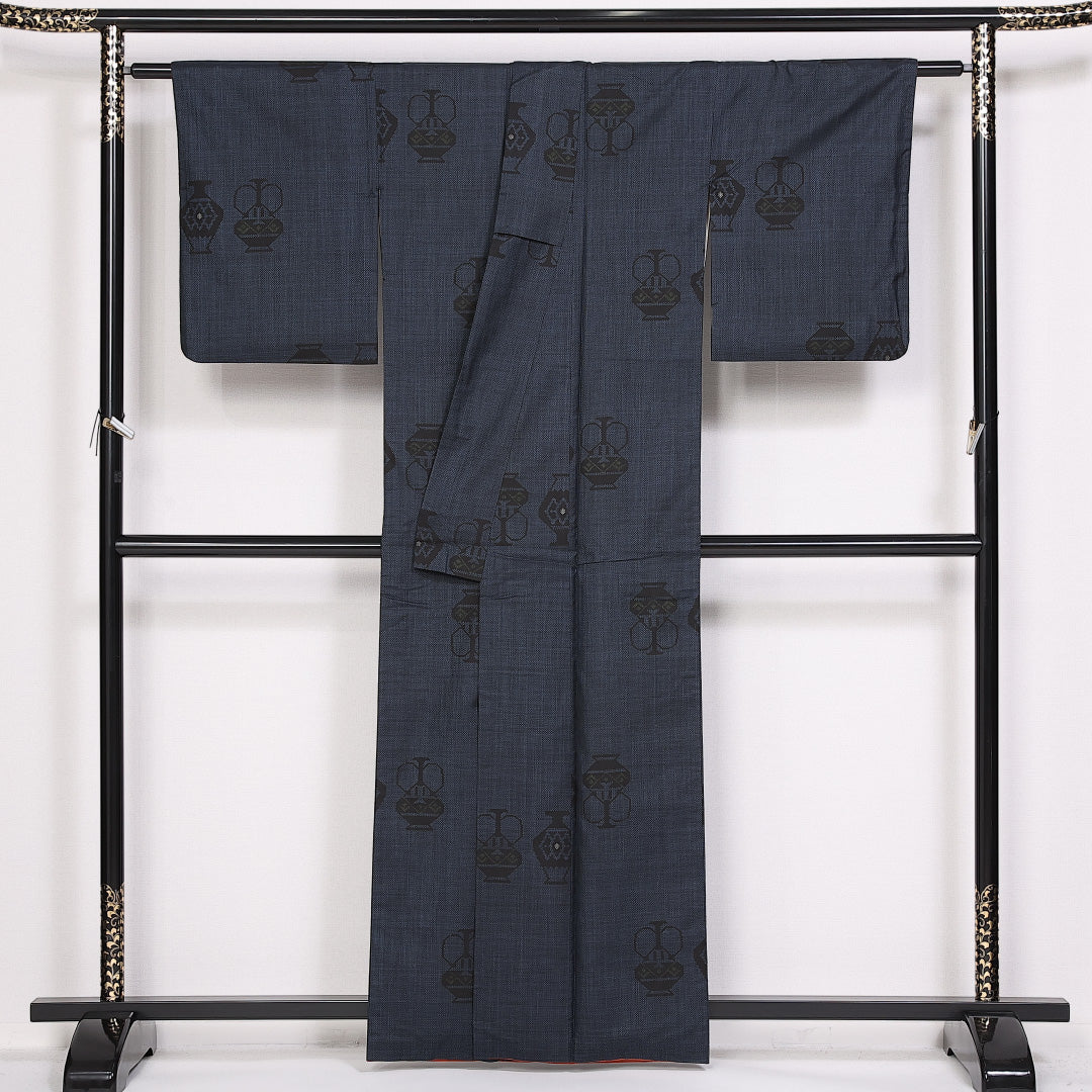 大島紬 袷 身丈160cm 裄丈61cm 正絹 Aランク インフォーマル 広衿 Lサイズ 壺 紺系 RP 1223-10119