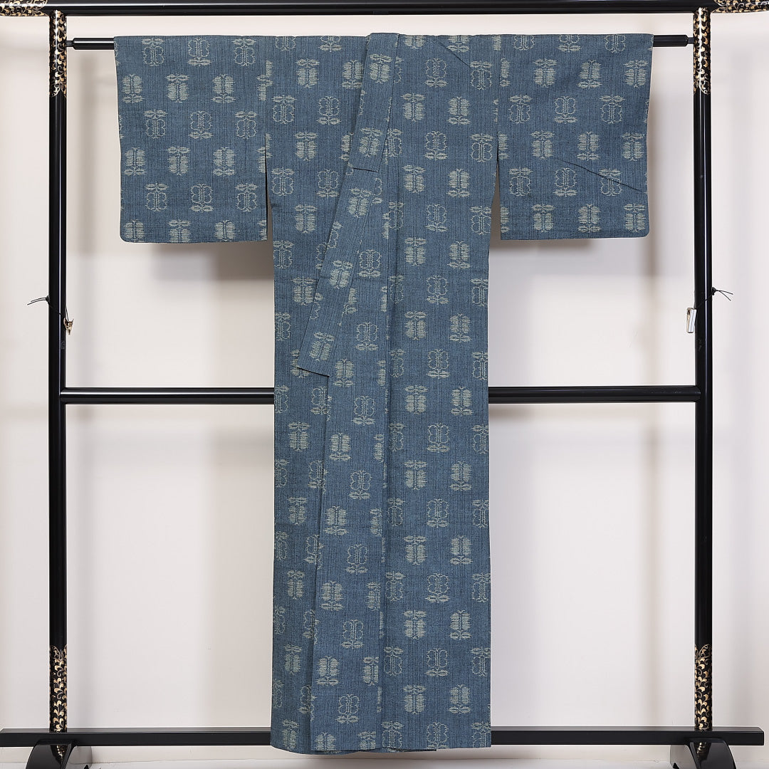 紬 単衣 身丈155cm 裄丈64cm 正絹 Sランク カジュアル バチ衿 Mサイズ 椿 青系 RP 1223-03747