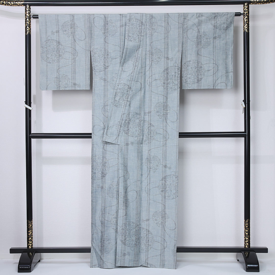 お召 袷 身丈161cm 裄丈67cm Sランク 正絹 広衿 Lサイズ インフォーマル ふくれ織 縞 茶系 多色系 シック 落ち着き 1265-13239