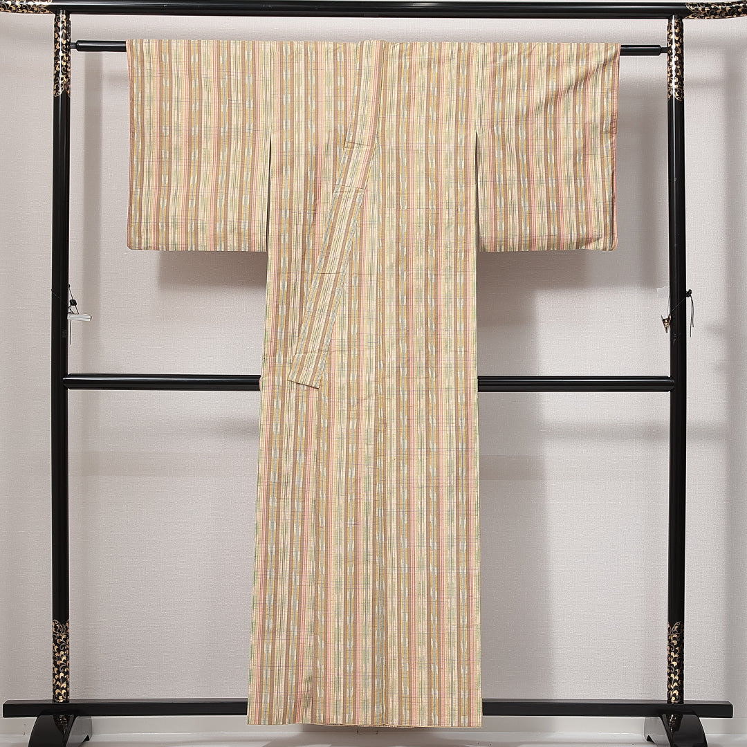 紬 袷 身丈155cm 裄丈61cm 正絹 Sランク Mサイズ バチ衿 カジュアル 縞 クリーム系 黄系 1216-14834