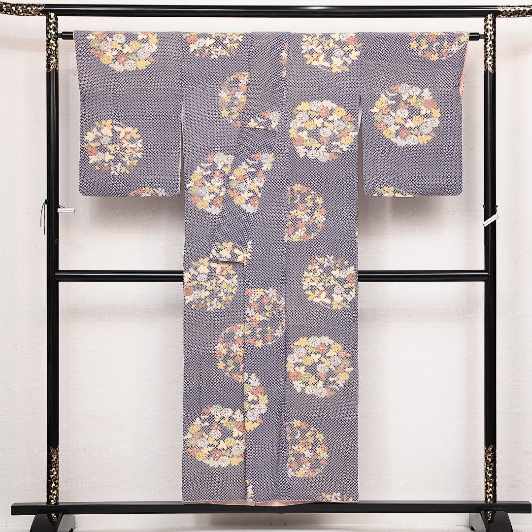 小紋 袷 身丈148cm 裄丈64cm 正絹 Aランク インフォーマル 広衿 XSサイズ 花文 紫系 RP 1221-14096