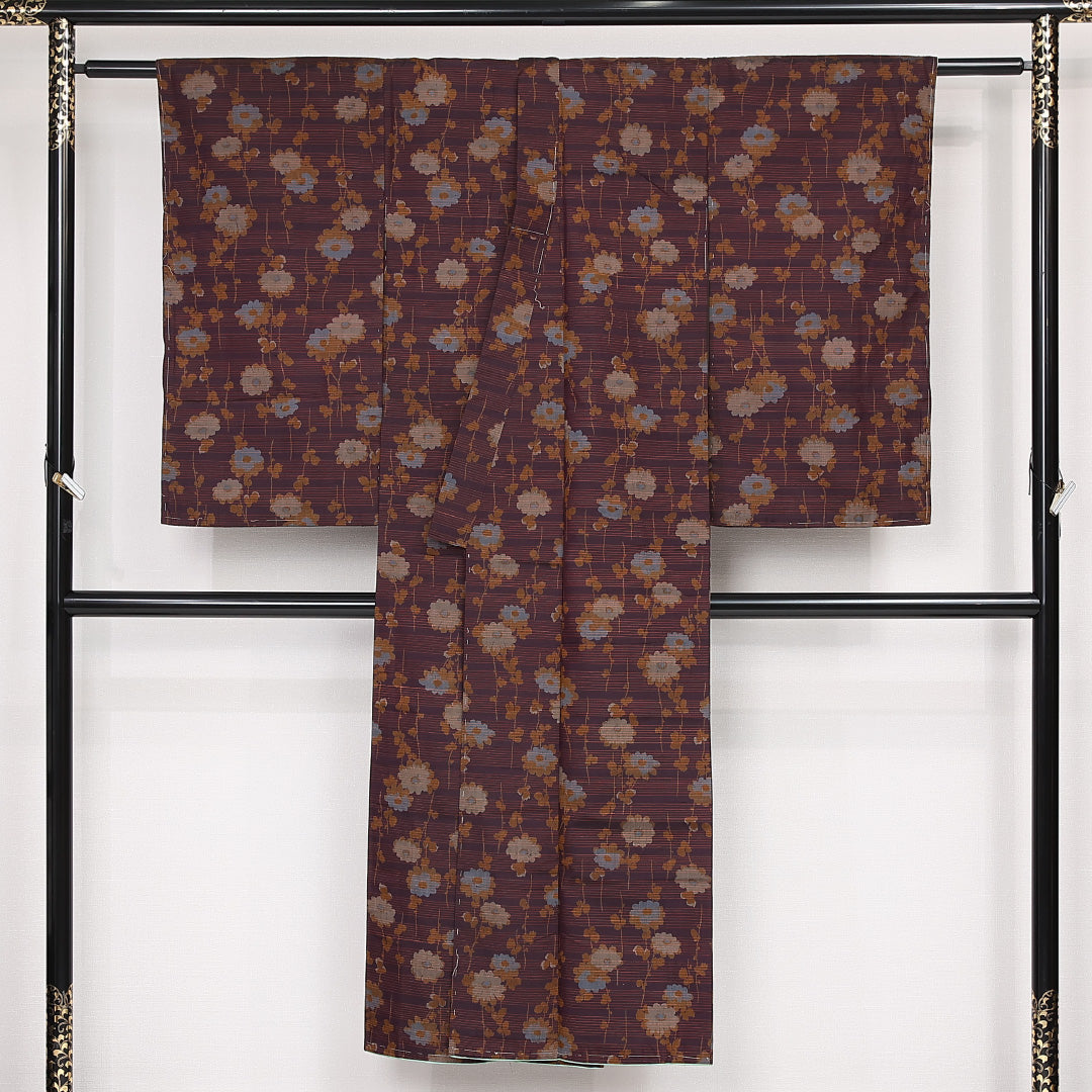 アンティーク 紬 袷 身丈140cm 裄丈62cm 正絹 Aランク バチ衿 XSサイズ 縞 花柄 紫系 RP 1223-13219