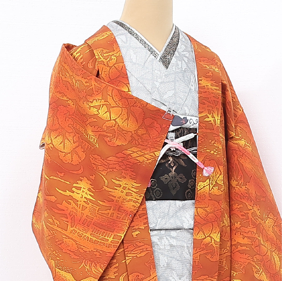 羽織 袷 身丈79cm 裄丈62cm 正絹 Sランク カジュアル Sサイズ ぼかし染 紐あり 茶屋辻 朱系 RP 1232-12095
